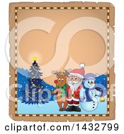Poster, Art Print Of Parchment Border Of A Christmas Rudolph Reindeer Snowman And Santa Posing In The Snow