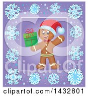 Poster, Art Print Of Christmas Gingerbread Man Holding A Gift Inside A Purple Snowflake Frame