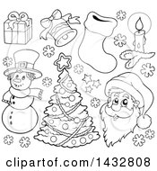 Clipart Of Black And White Lineart Christmas Items Royalty Free Vector Illustration