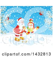 Poster, Art Print Of Christmas Santa Claus Making A Snowman On A Winter Day With Birds Watching