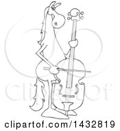 Clipart Of A Cartoon Black And White Lineart Horse Musician Playing A Double Bass Royalty Free Vector Illustration