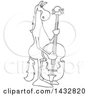 Clipart Of A Cartoon Black And White Lineart Horse Musician Plucking A Double Bass Royalty Free Vector Illustration