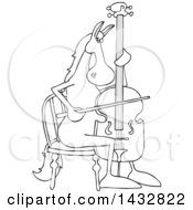 Clipart Of A Cartoon Black And White Lineart Horse Musician Playing A Cello Royalty Free Vector Illustration