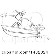 Clipart Of A Cartoon Black And White Lineart Moose In A Speed Boat Royalty Free Vector Illustration