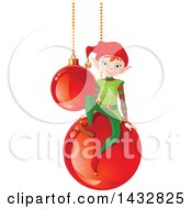 Poster, Art Print Of Christmas Elf On Suspended Red Bauble Ornaments