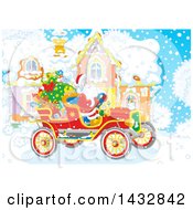 Poster, Art Print Of Scene Of Santa In An Antique Car In Front Of His Home In The Snow