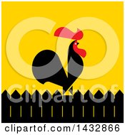 Poster, Art Print Of Red And Black Rooster Crowing On A Fence Over Yellow