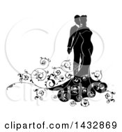 Clipart Of A Black And White Silhouetted Posing Bride And Groom Royalty Free Vector Illustration