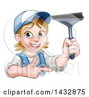 Poster, Art Print Of Cartoon Happy White Female Window Cleaner In Blue Pointing And Holding A Squeegee