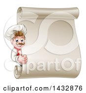 Poster, Art Print Of Happy White Male Chef Giving A Thumb Up Around A Scroll Menu Board