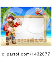 Poster, Art Print Of Pirate Captain Holding A Scroll With A Parrot By A Blank Sign On A Tropical Beach