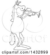 Clipart Of A Cartoon Black And White Lineart Musician Horse Playing A Trumpet Royalty Free Vector Illustration