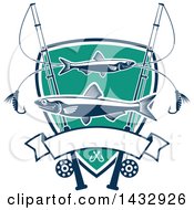 Clipart Of A Shield With Fish Poles And Lures Over A Banner Royalty Free Vector Illustration