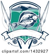 Poster, Art Print Of Blue White And Turquoise Shield With A Flounder Fish Mountains And Fishing Poles With A Blank Banner
