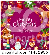Merry Christmas And Happy New Year Greeting And Border Of Festive Icons On Purple