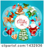 Merry Christmas 2017 Greeting And Holiday Icons On Blue