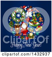 Clipart Of A Happy New Year Greeting And Circle Of Christmas Icons On Blue Royalty Free Vector Illustration