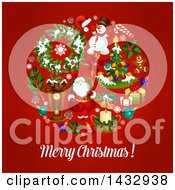Poster, Art Print Of Merry Christmas Greeting And Circle Of Festive Icons On Red