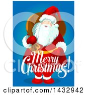 Clipart Of A Merry Christmas Greeting And Santa Claus On Blue Royalty Free Vector Illustration