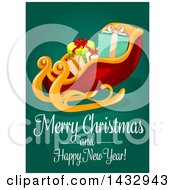 Clipart Of A Merry Christmas And Happy New Year Greeting And Sleigh On Green Royalty Free Vector Illustration