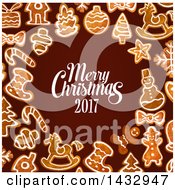 Clipart Of A Merry Christmas 2017 Greeting And Border Of Gingerbread Cookies On Brown Royalty Free Vector Illustration