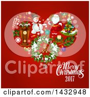 Poster, Art Print Of Merry Christmas 2017 Greeting And Heart Of Festive Icons On Red