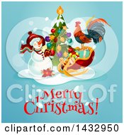 Poster, Art Print Of Merry Christmas Greeting With A Snowman Tree Rooster And Sleigh On Blue
