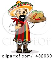 Cartoon Happy Male Hispanic Chef Giving A Thumb Up And Holding A Tray With A Spicy Pepper And Tacos