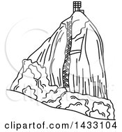 Clipart Of A Black And White Line Drawing Styled Colombian Landmark El Penon De Guatape Rock Royalty Free Vector Illustration