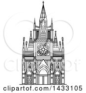 Clipart Of A Black And White Line Drawing Styled Colombian Landmark Las Lajas Sanctuary Royalty Free Vector Illustration