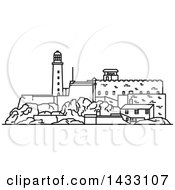 Clipart Of A Black And White Line Drawing Styled Cuban Landmark San Carlos De La Cabana Royalty Free Vector Illustration