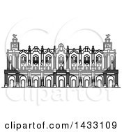 Clipart Of A Black And White Line Drawing Styled Cuban Landmark Great Theatre Of Havana Royalty Free Vector Illustration