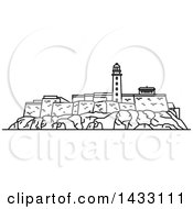 Clipart Of A Black And White Line Drawing Styled Cuban Landmark Real Fuerza Fortress Royalty Free Vector Illustration