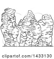 Clipart Of A Black And White Line Drawing Styled Australian Landmark Three Sisters Rock Royalty Free Vector Illustration by Vector Tradition SM