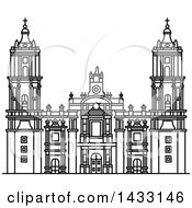 Poster, Art Print Of Black And White Line Drawing Styled Mexican Landmark Metropolitan Cathedral