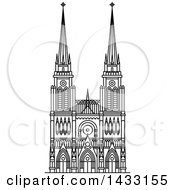 Clipart Of A Black And White Line Drawing Styled Argentine Landmark Basilica Of Our Lady Of Lujan Royalty Free Vector Illustration