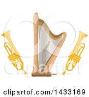 Clipart Of A Harp And Trumpets Royalty Free Vector Illustration