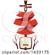 Japanese Biwa Lute Instrument With Cherry Blossom Branches And A Blank Banner