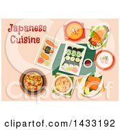 Clipart Of A Table Set With Japanese Cuisine With Text Royalty Free Vector Illustration