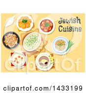 Clipart Of A Table Set With Jewish Cuisine With Text Royalty Free Vector Illustration