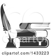 Poster, Art Print Of Grayscale Feather Quill And Ink Well With A Stack Of Books