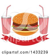 Poster, Art Print Of Hamburger And Fountain Sodas Over A Banner