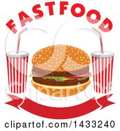 Poster, Art Print Of Hamburger With Text And Fountain Sodas Over A Banner