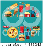 Clipart Of A Blank Label Over A Circle Of Fast Food On Turquoise Royalty Free Vector Illustration