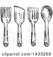 Clipart Of Sketched Black And White Kitchen Utensils Royalty Free Vector Illustration