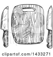 Clipart Of A Sketched Black And White Cutting Board And Knives Royalty Free Vector Illustration