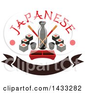 Soy Sauce Bottle With Crossed Copysticks Dip Tray And Sushi With Text Dots And Blank Banner