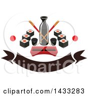 Poster, Art Print Of Soy Sauce Bottle With Crossed Copysticks Dip Tray And Sushi With Dots And Blank Banner