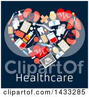 Poster, Art Print Of Heart Formed Of Flat Style Medical Icons With Text On Dark Blue