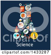 Clipart Of A Flat Style Science Flask Formed Of Icons Over Text On Blue Royalty Free Vector Illustration